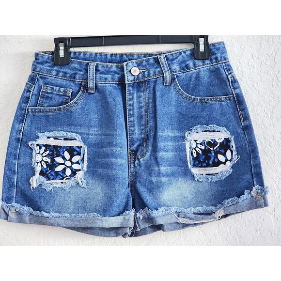 JEAN SHORTS-Short Shorts-Daisy Dukes-Torn-Patches-Denim-Size Small - Picture 1 of 6